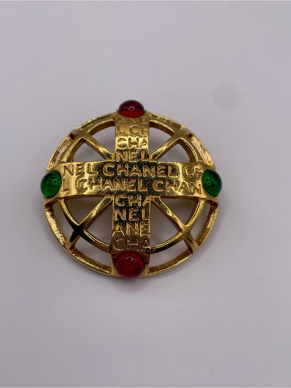 CHANEL Gold-Tone Round Logo Pin with Red & Green Cabochons - Picture 1 of 2